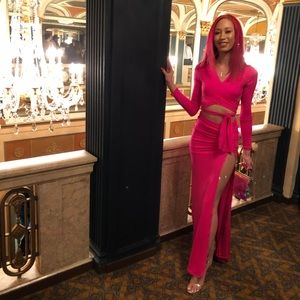 Cut A Figure Tie Waist Thigh Split Two Piece in Hot a Pink